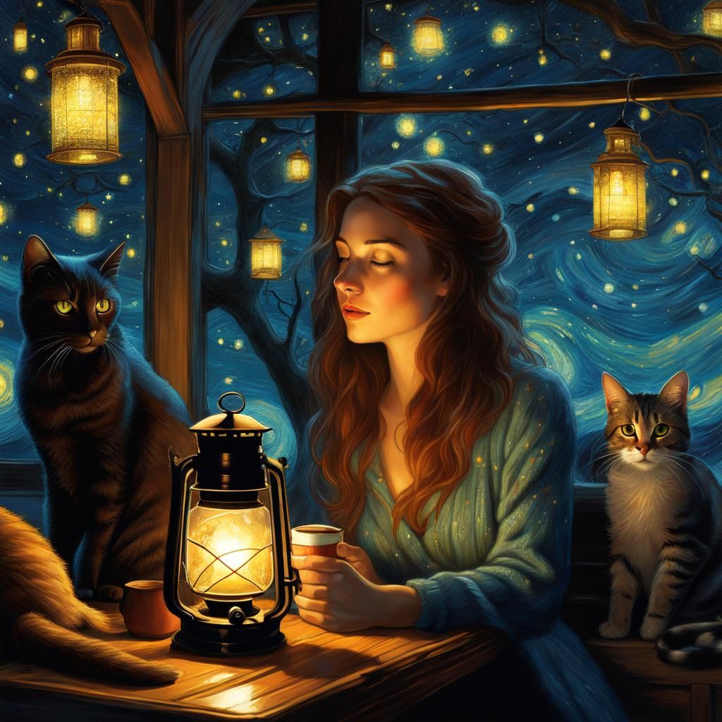 Beautiful Woman Coffee and Cats in a Cozy Cabin