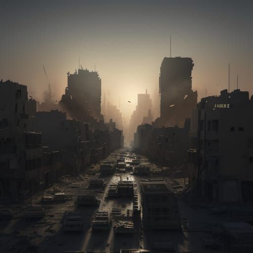 M16 Rifle Silhouette with Ruined Cityscape