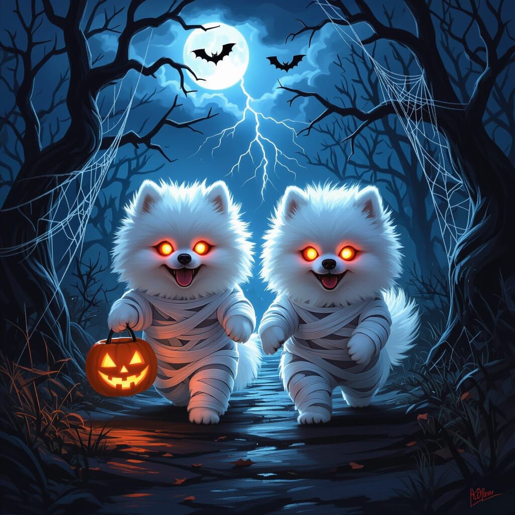Pomeranians as Glowing Mummies Trick-or-Treating in Spooky W...