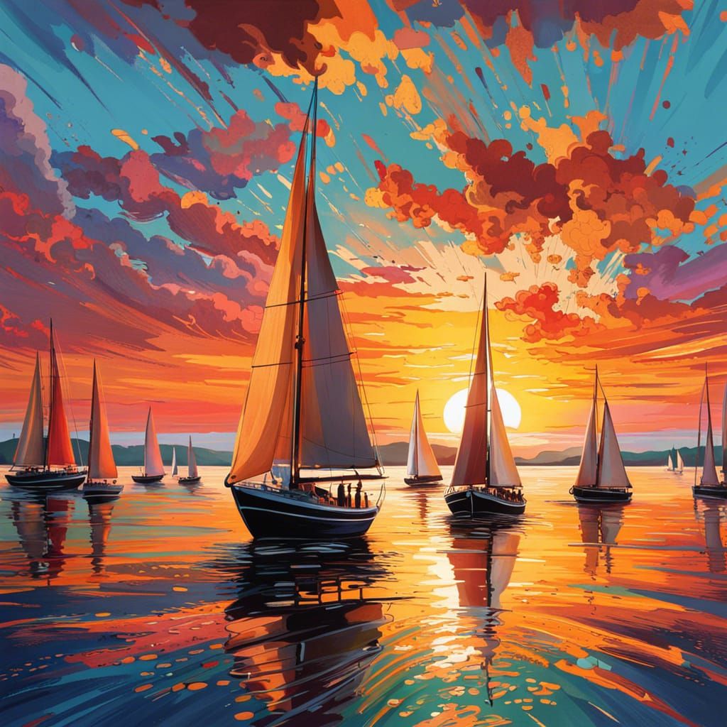 Hyperrealistic Sunset Over Bay with Sailboats