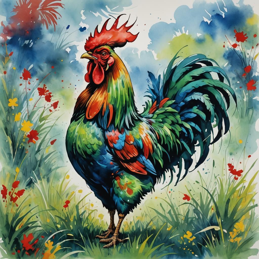 Colorful Rooster in Splash Art Style