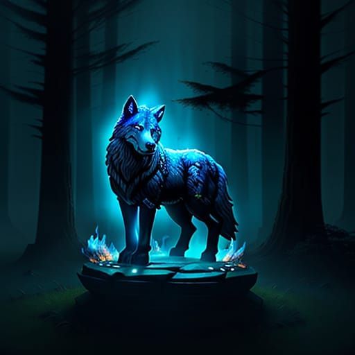 Mystical Wolf Totem Glows with Celestial Blue Runes