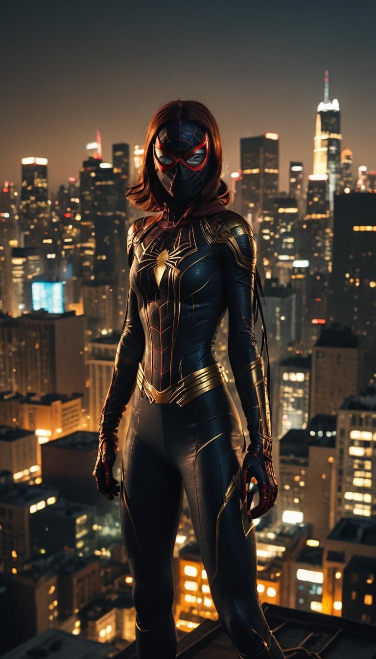 Spider Girl on Rooftop in Cinematic Style