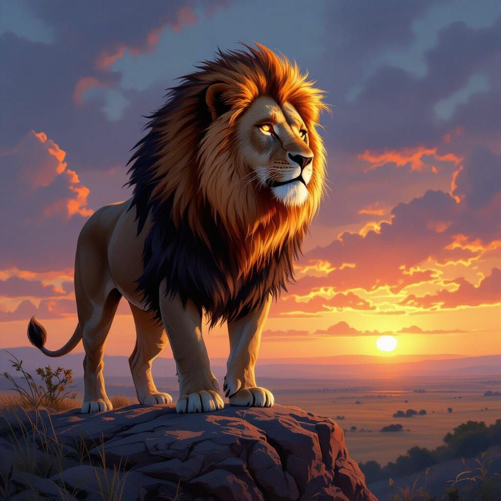 Majestic Lion Overlooking Savanna Sunset as Digital Art