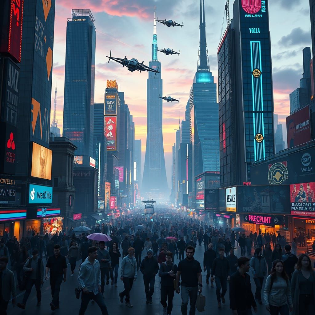 Futuristic Metropolis at Twilight in Hyperrealistic Style
