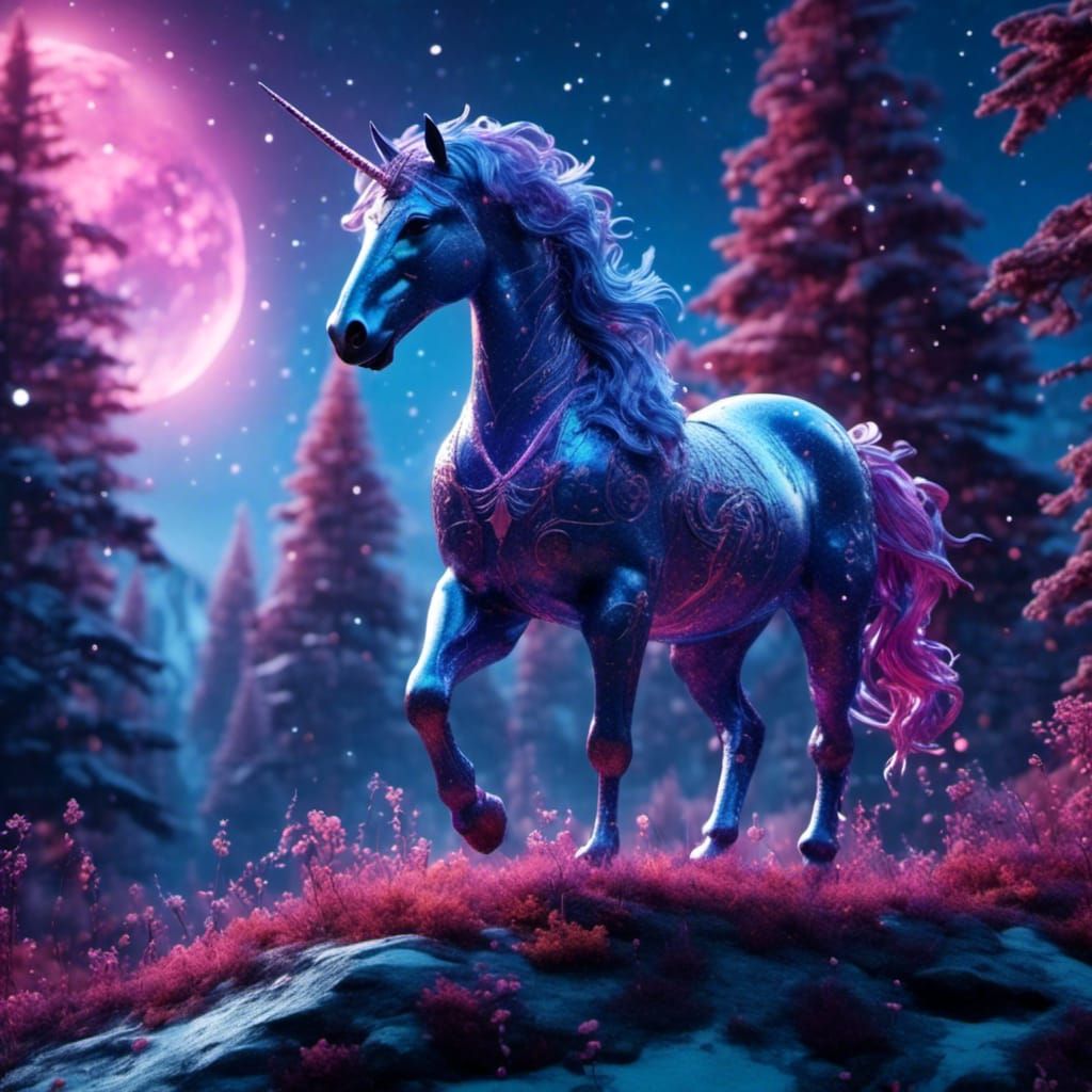 Iridescent Unicorn in Winter Fairy Forest