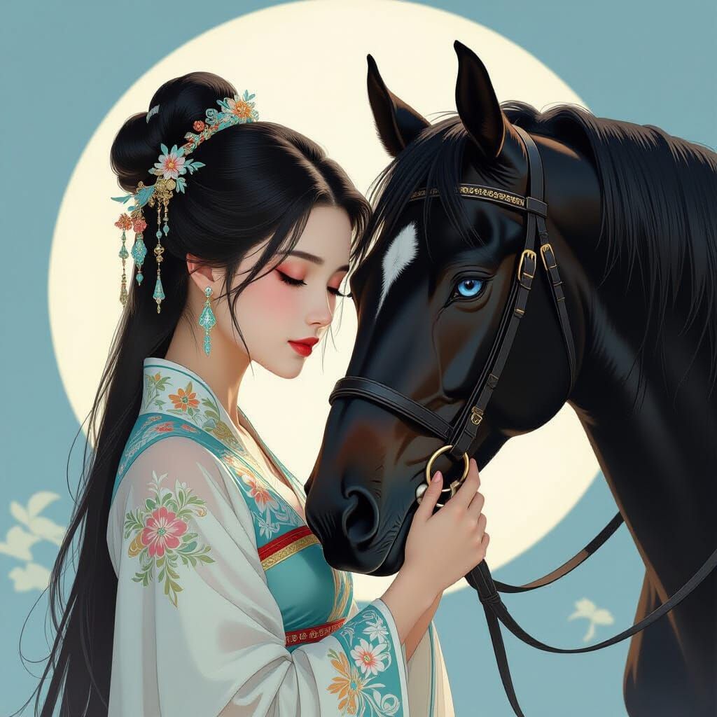 Hanfu Woman and Black Stallion in Art Nouveau Style