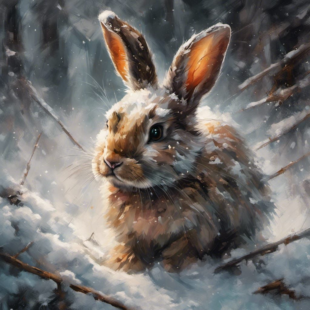 Cute Bunny in Snowy Woods: Digital Oil Painting