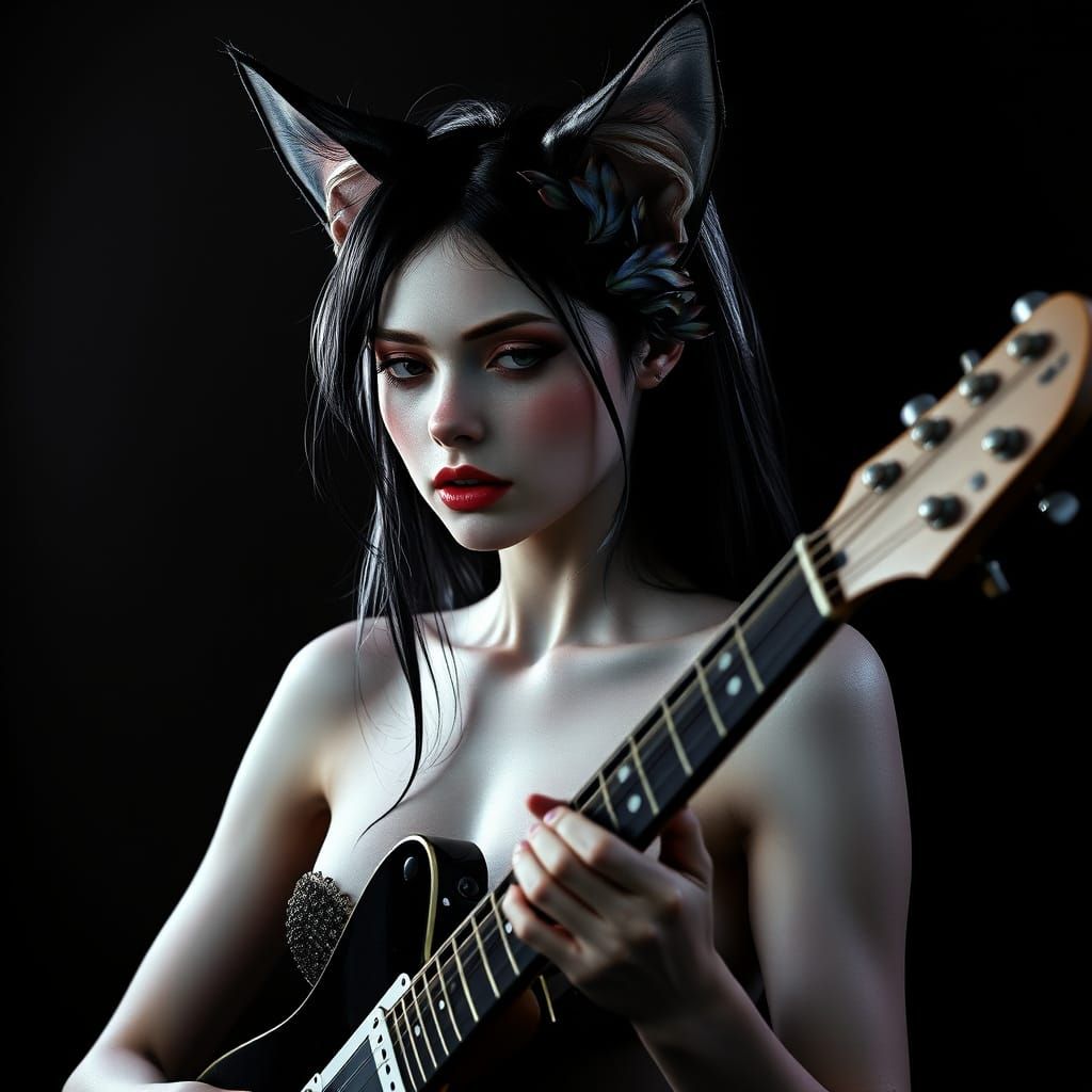 Mystical Feline Guitarist in Hyper-Realistic Art