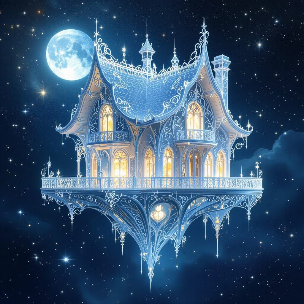 Ethereal Moonlight House Floats in Cosmic Nebula