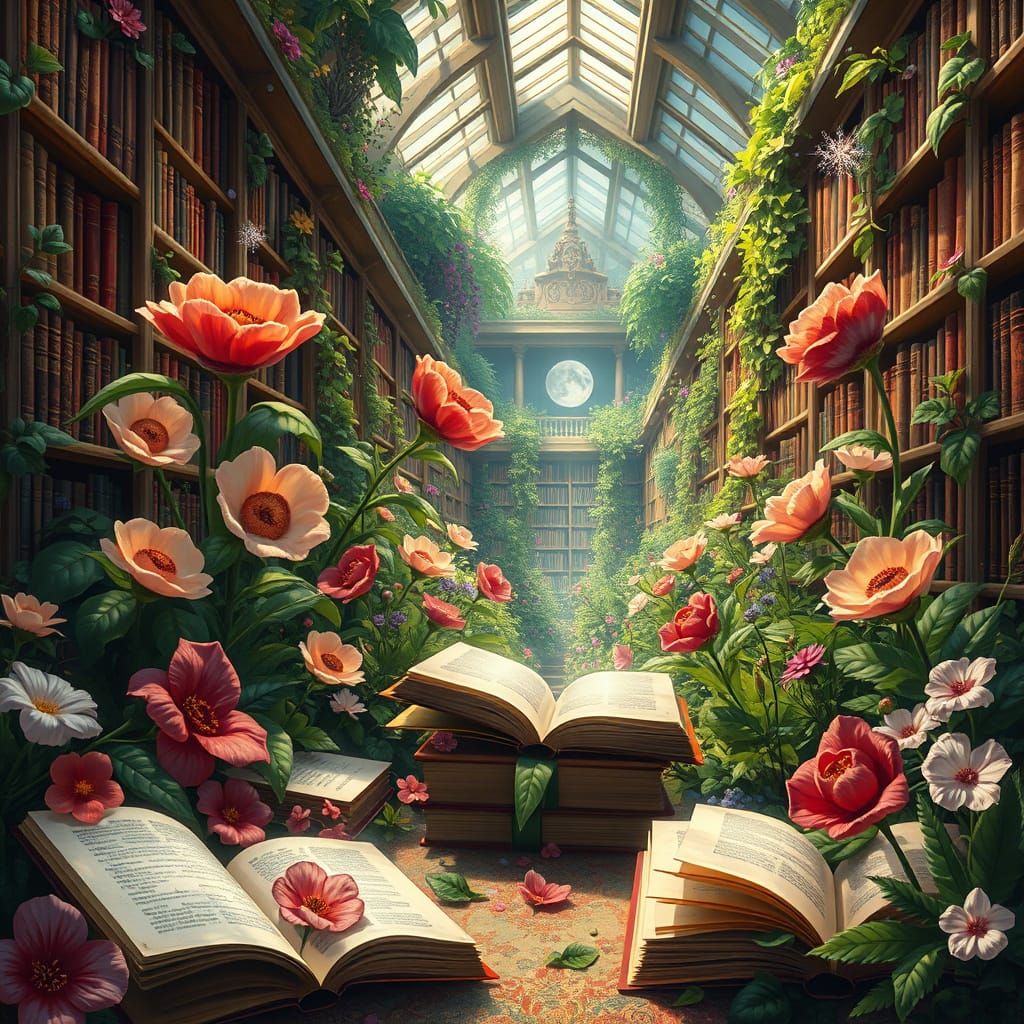 Enchanted Garden Library with Hidden Faces in Flowers