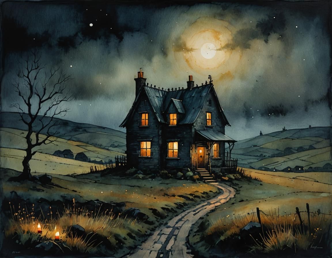 Dark Creepy House on the Moors: Watercolor Painting