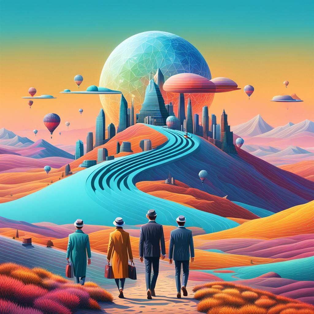 Colorful Surreal Time Travelers in Minimalist Landscape