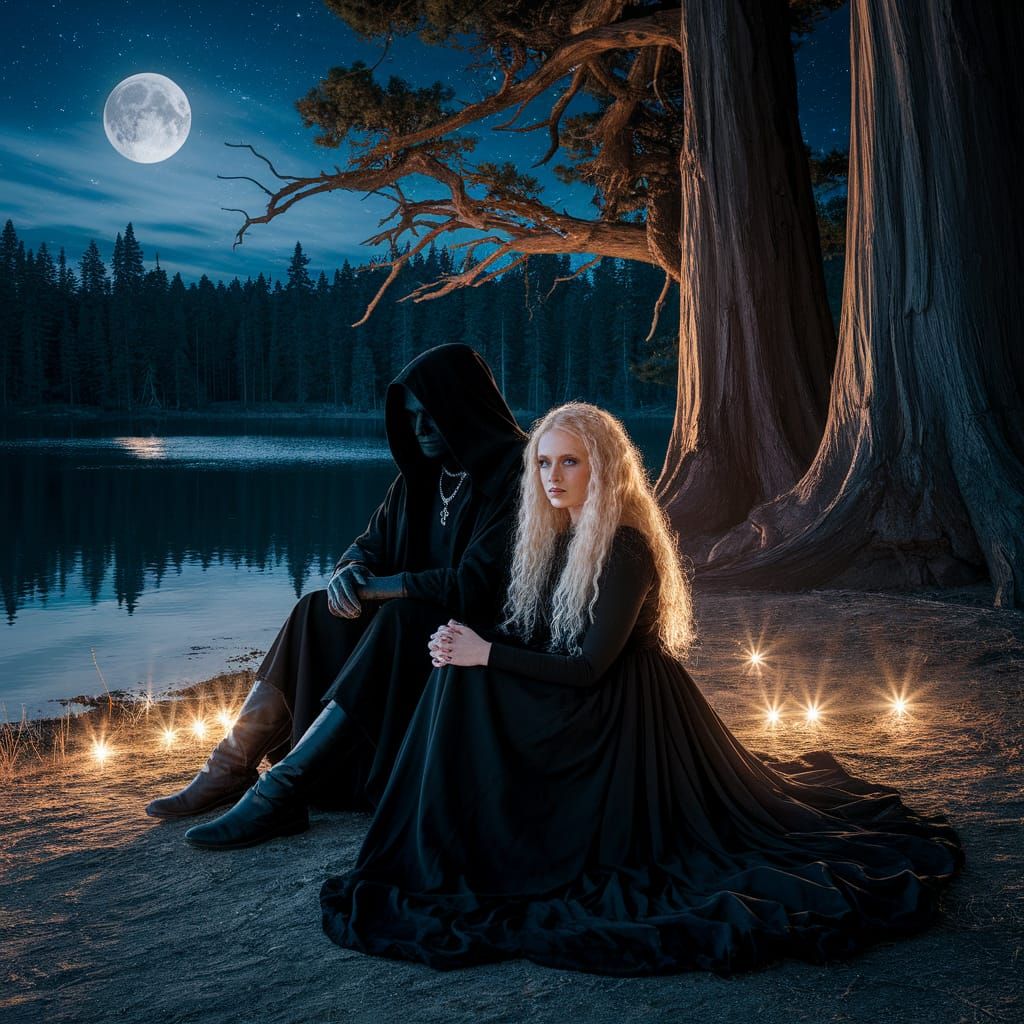 Mysterious Gothic Figure Beside Woman on Moonlit Lake