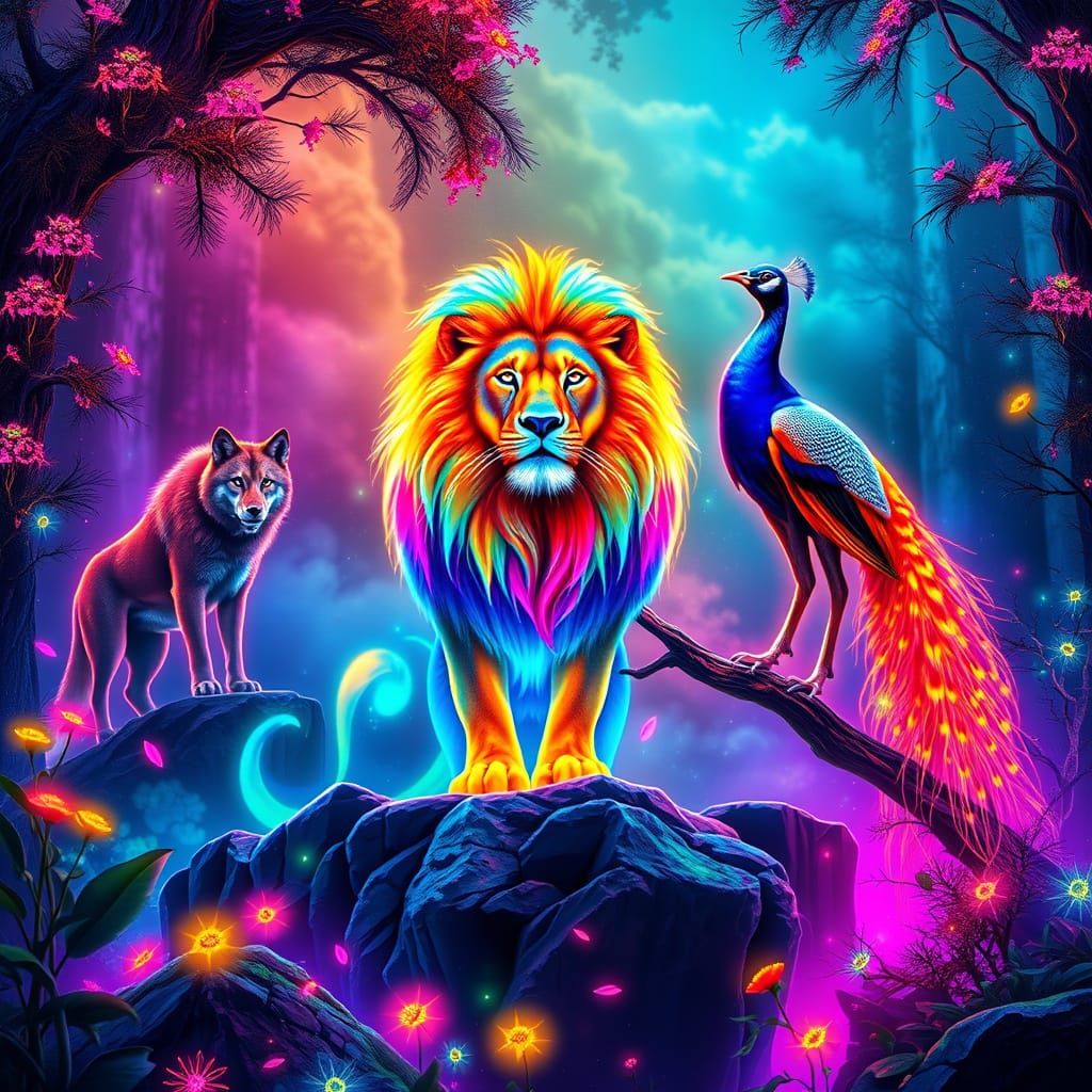 Vibrant Surreal Wildlife Scene in Technicolor Hues