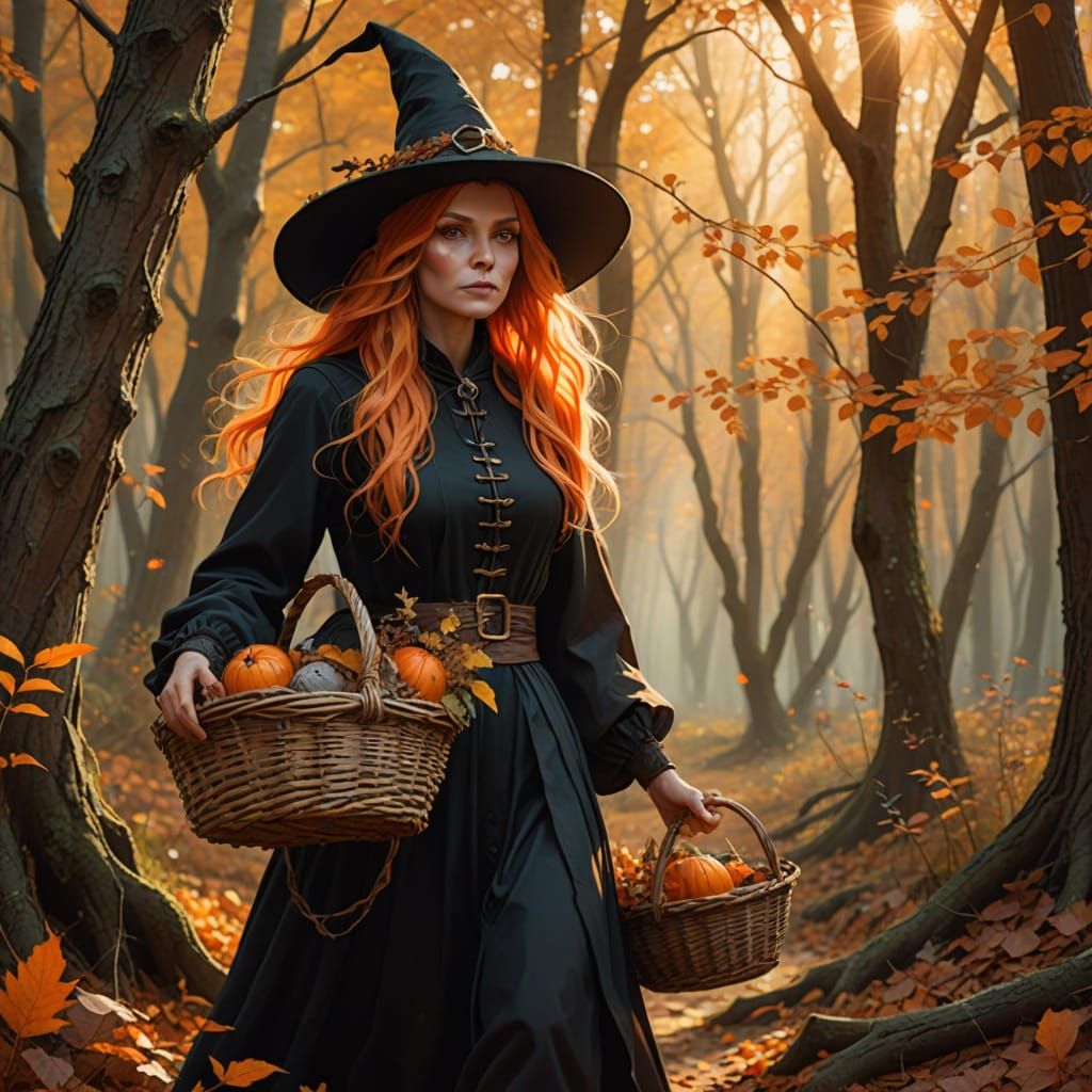 Whimsical Witch in Autumnal Forest: Digital Painting