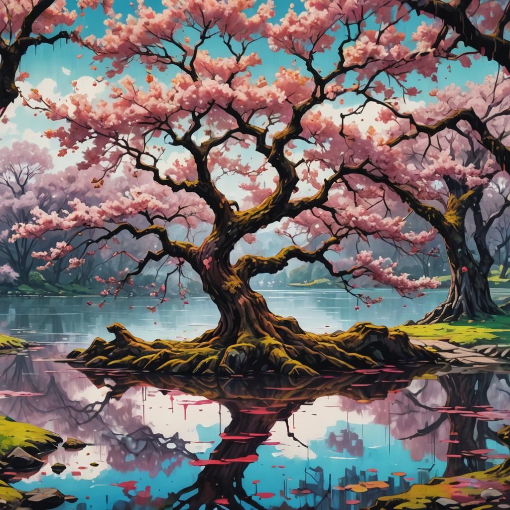 Graffiti Art of Ancient Cherry Tree by Lake