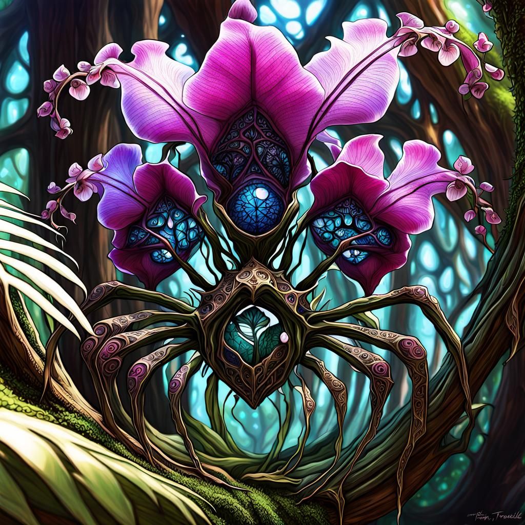 Orchid Spider Dryads in Fractal Forest, Abstract Realism