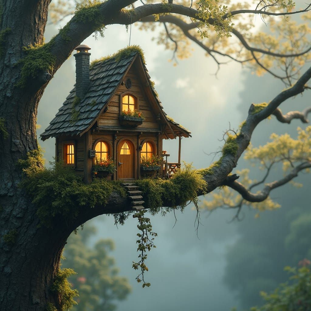 Whimsical Cottages on Tree Branches with Warm Light