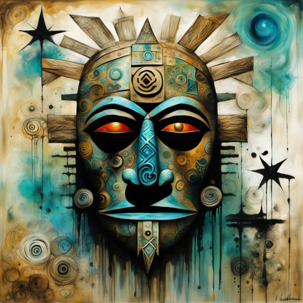 Surreal Tiki Mask in Futuristic Dreamscape