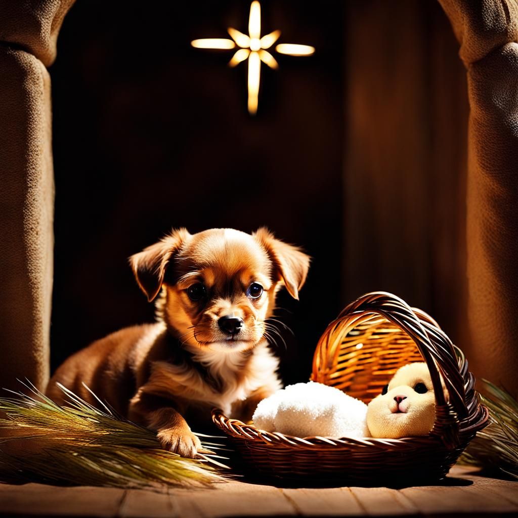 Puppy Adoring Baby Jesus at Nativity
