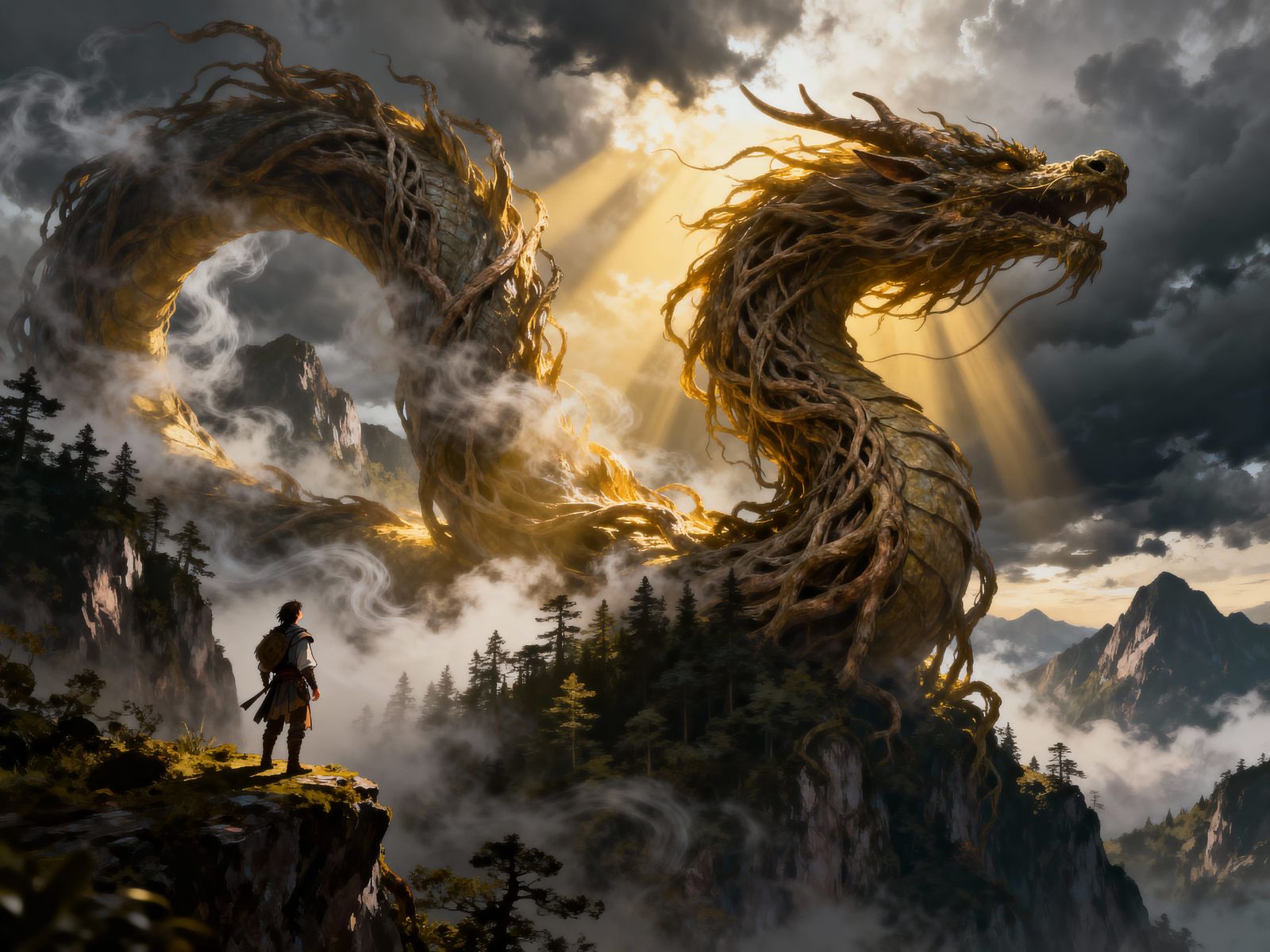 Giant Root and Mist Dragon Over Forest Peaks