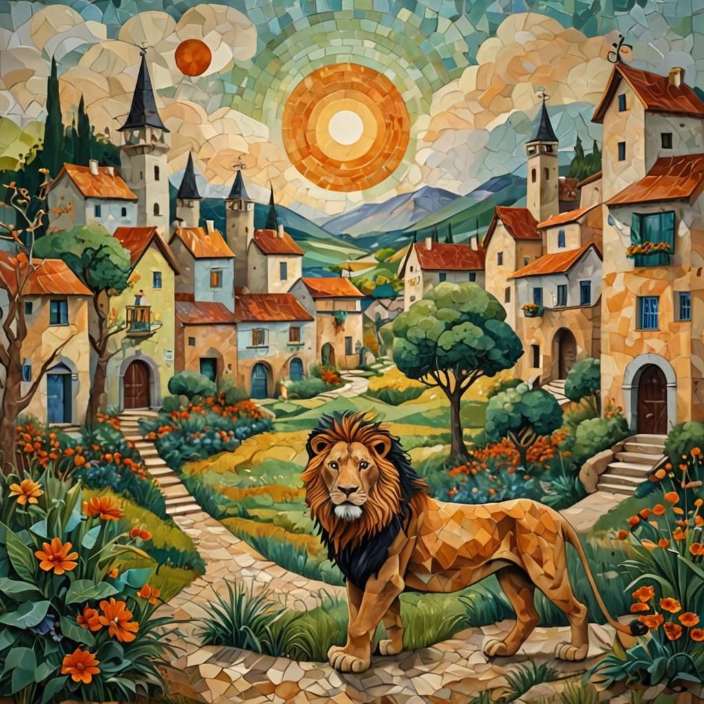 Dark Orange Lion in Whimsical Mosaic Style Village Entrance