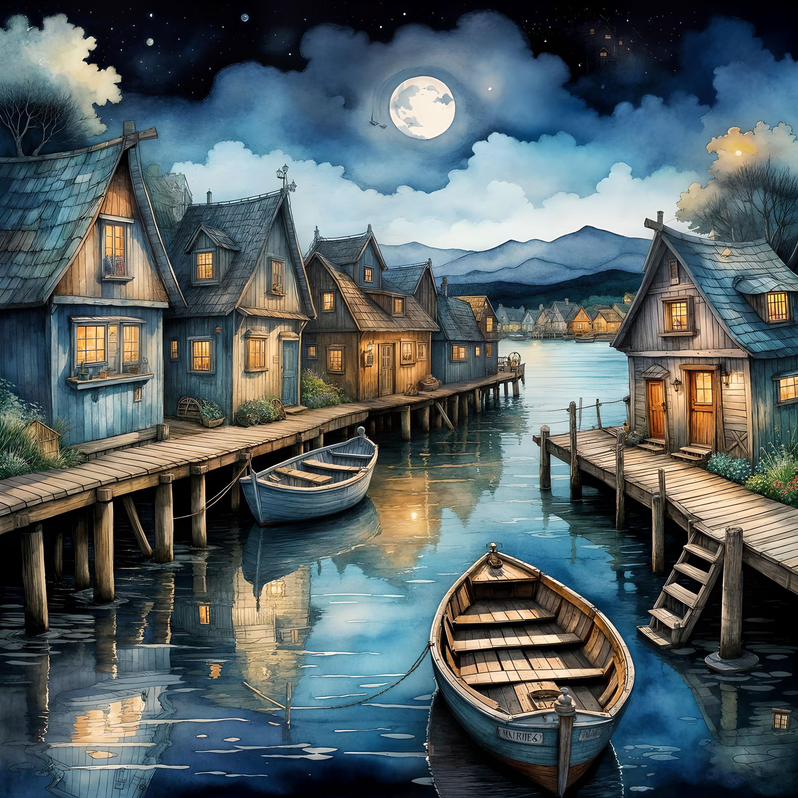 Moonlit Seaside Village in Watercolor Illustration