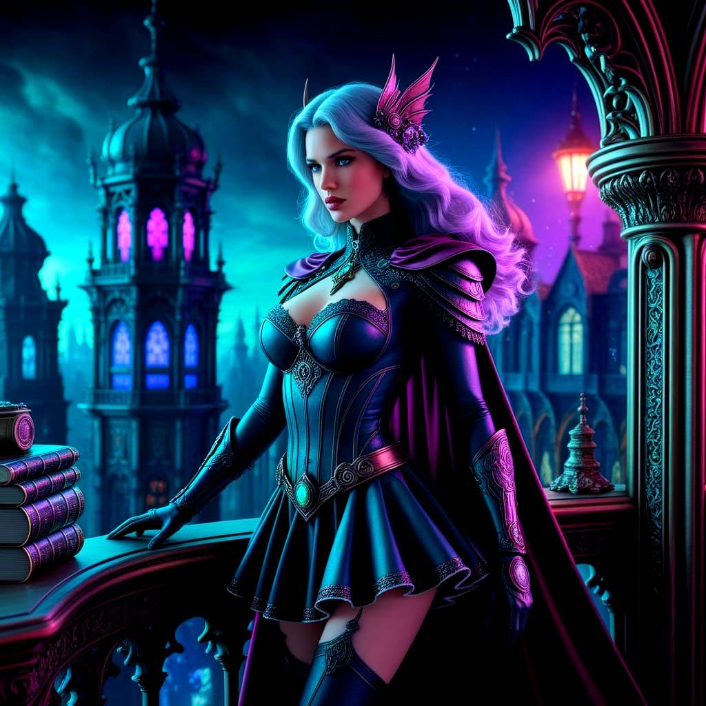 Gothic Steampunk Supergirl Overlooking Cityscape