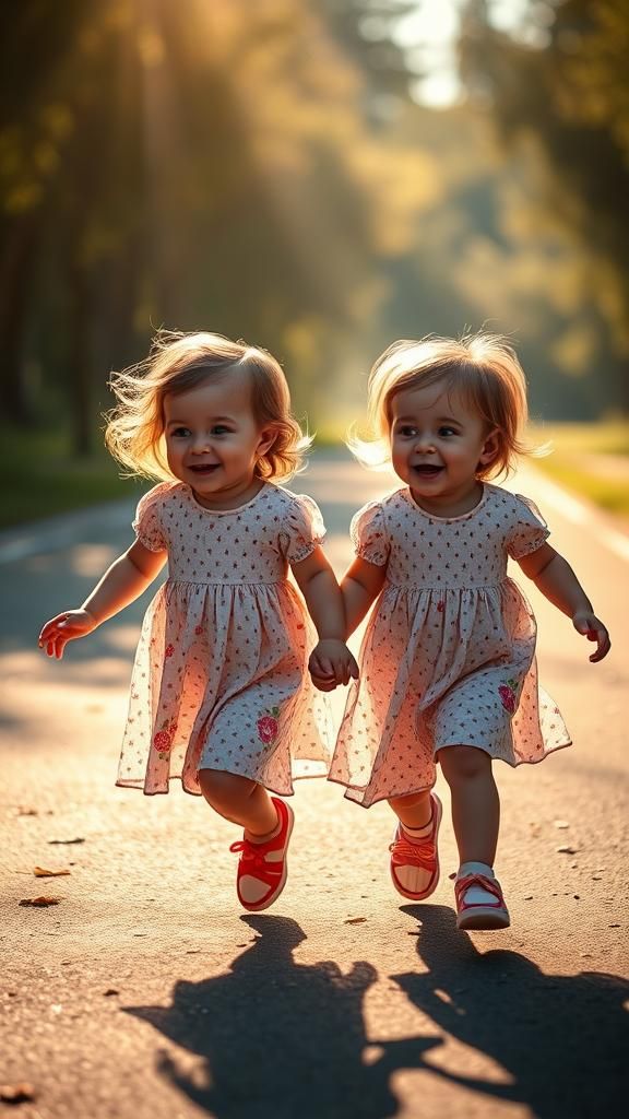(Two adorable toddlers holding hands, skipping, laughing, si...