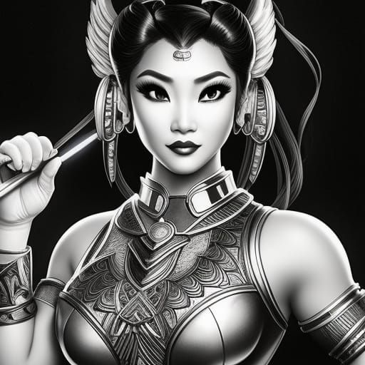 Chun-Li Black and White Line Art Portrait