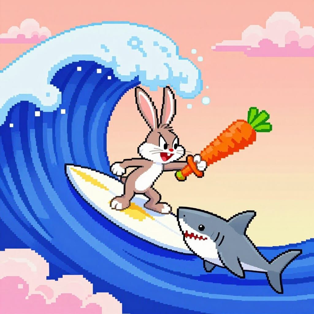 Buster Bunny Surfs Indigo Wave in 16-Bit Pixel Art