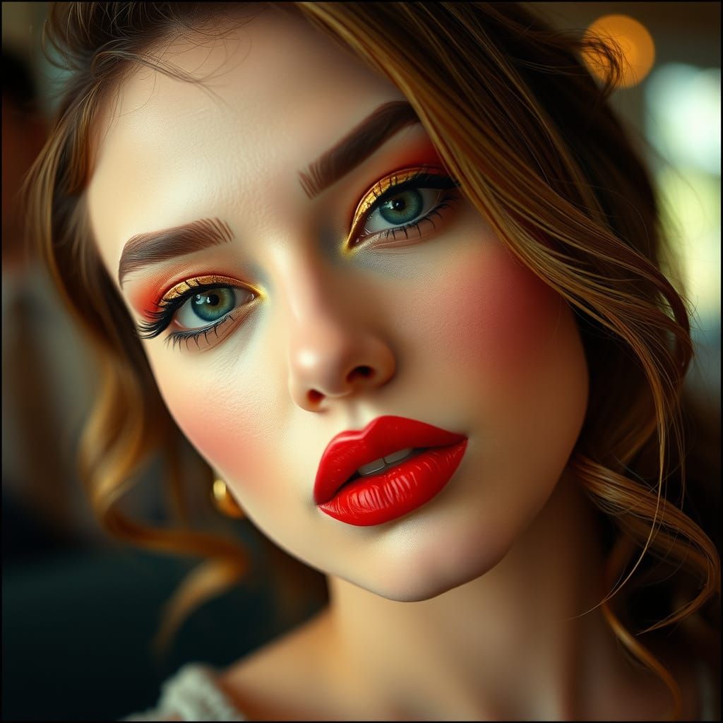 Ethereal Portrait in Golden Hour, Emerald Eyes Shining Brigh...