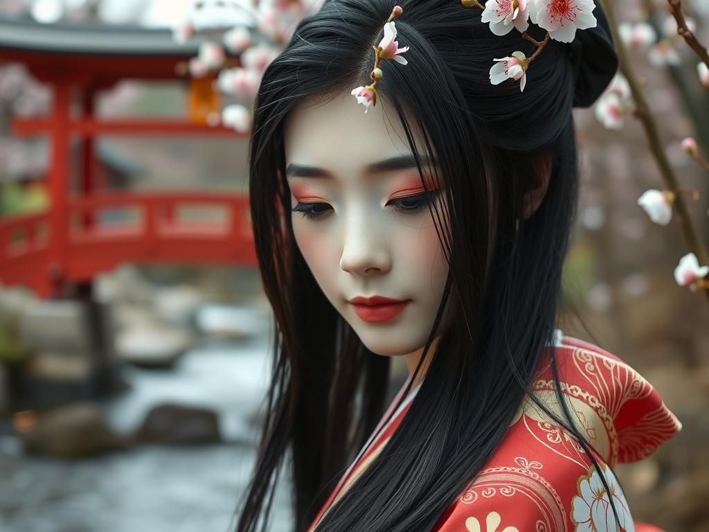 Cherry Blossom in Hair: Hyperrealistic Japanese Art