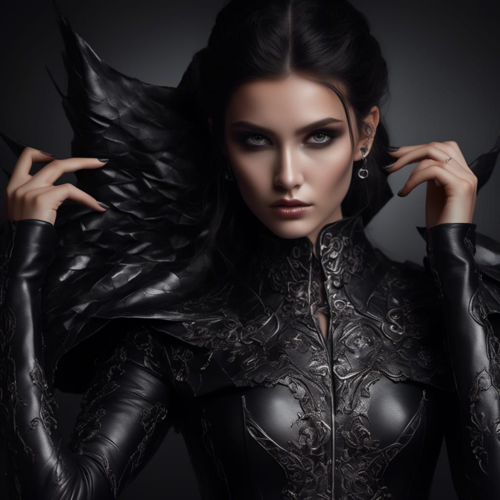 Beautiful Elf with Dark Makeup in Leather Dress
