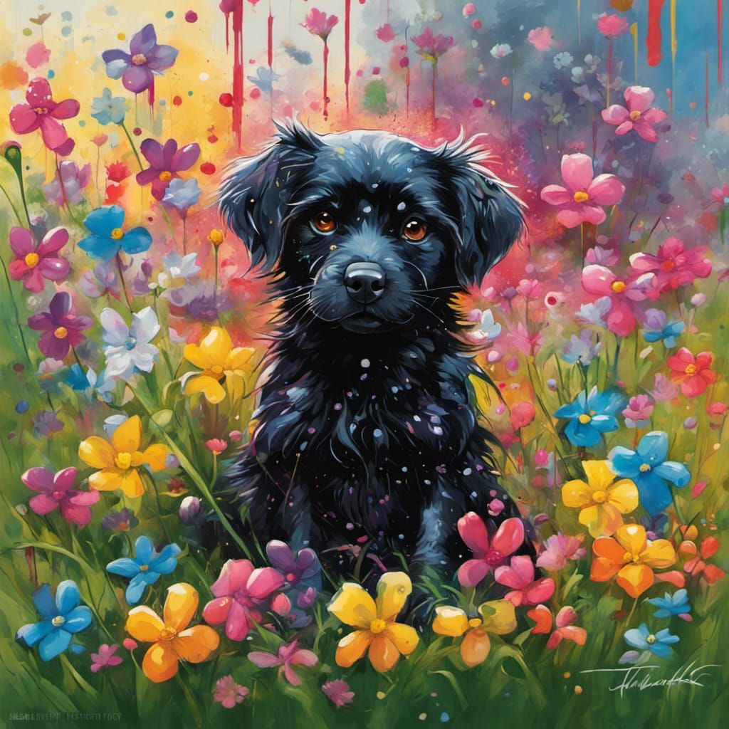 Colorful Graffiti Art of Chibi Black Dog