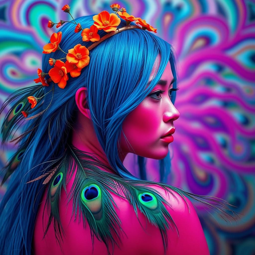Surreal Woman with Peacock Feathers in Hyper-Realism