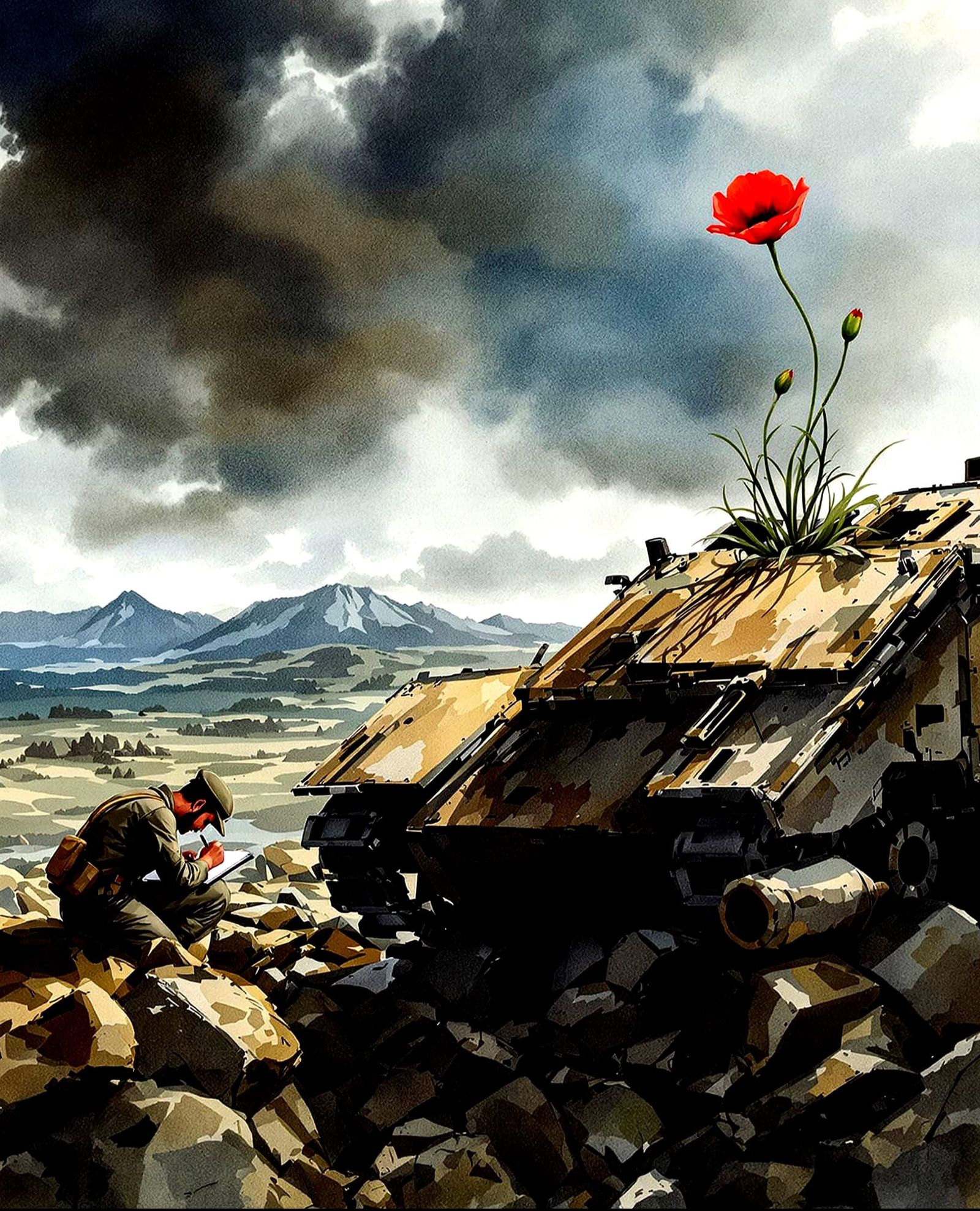 Melancholic Soldier Sketches in War-Torn Wasteland with Popp...