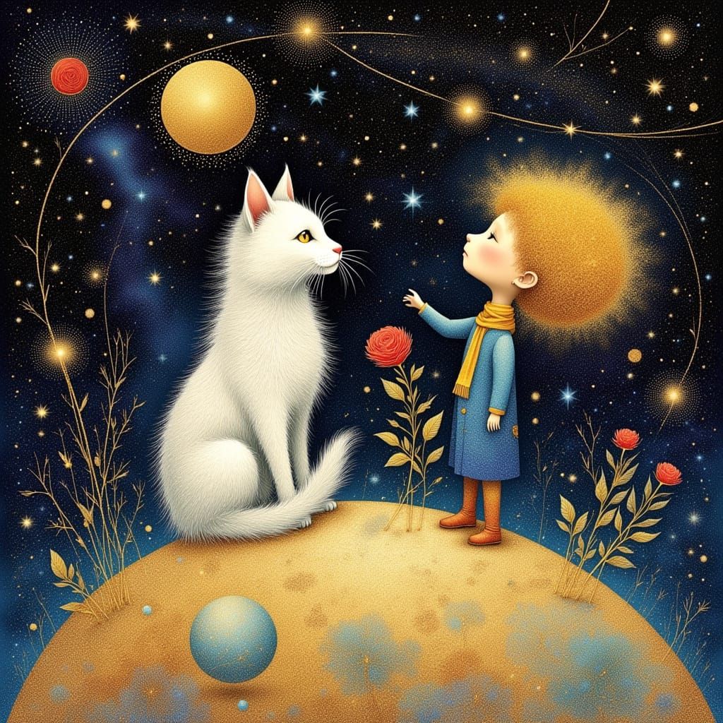 A long haired white cat on a small planet with The Little Prince with curly blond hair in a blue jacket with yellow scar...