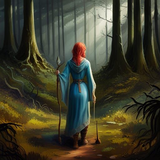 Red-Haired Elf in Forest, Fantasy Concept Art