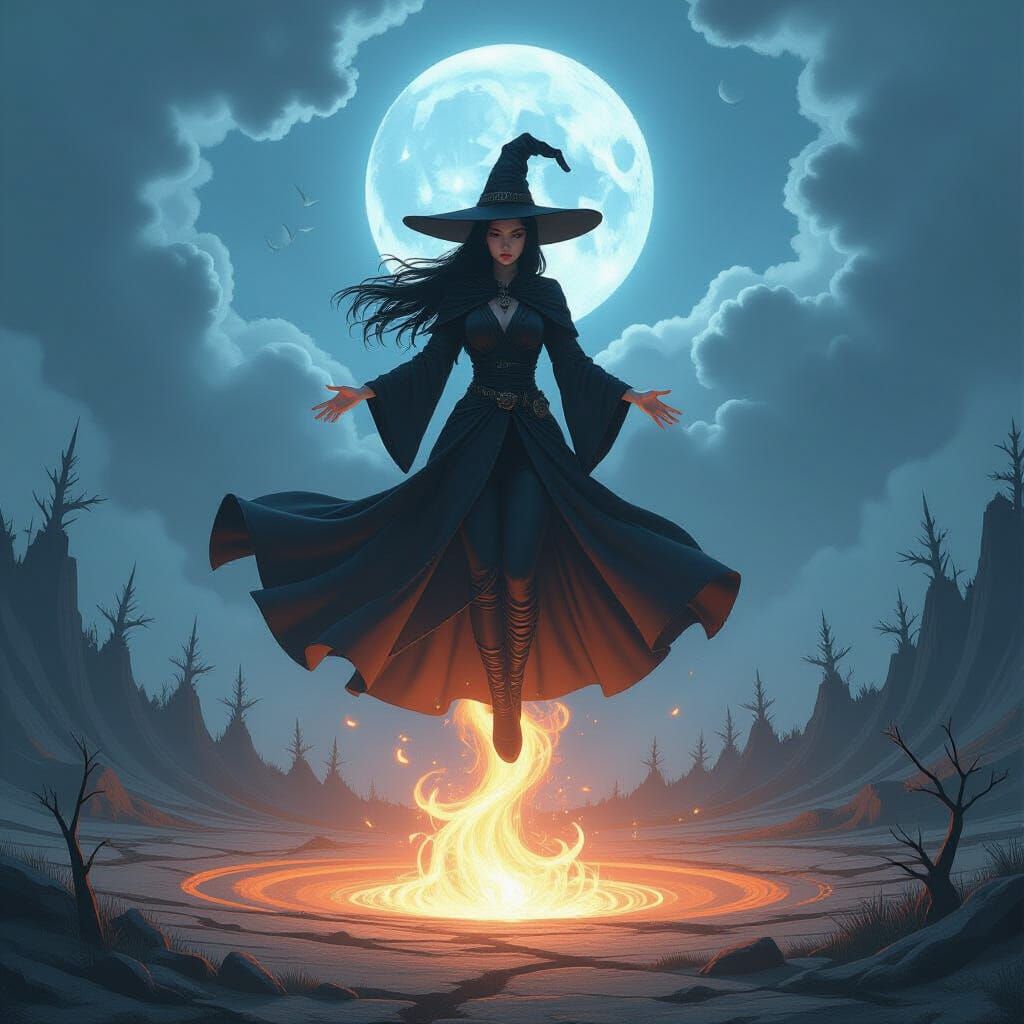 Lone Witch Ascending in Dark Fantasy Style