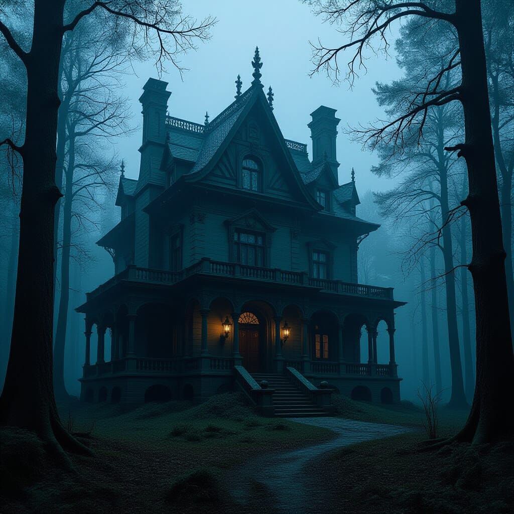 Ominous Mansion in Dark Forest: Biomechanical Horror