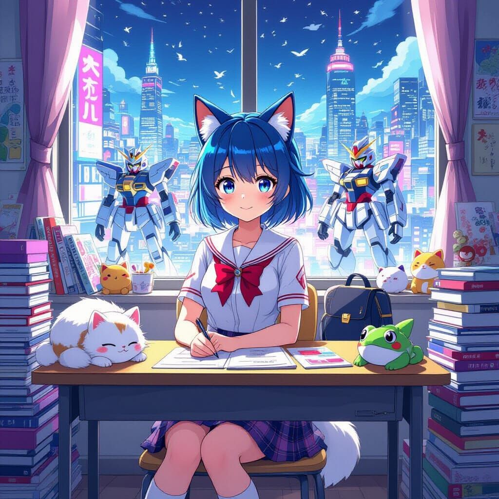 Anime Girl with Fox Ears in Cel-Shaded Classroom