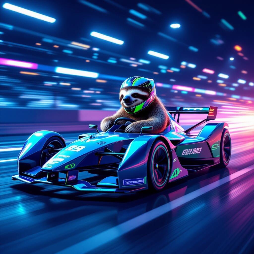 Sloth Races Futuristic Electric Car in Neon Night Track