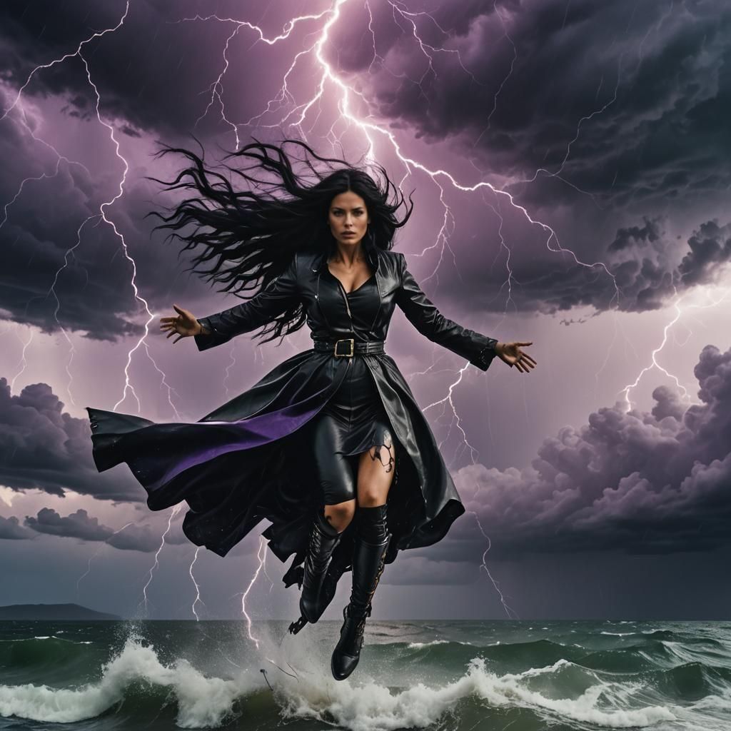Wrathful Woman Flying in Stormy Sky