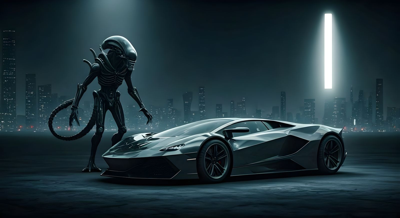 Hyperrealistic Alien Landscape with Xenomorph Car in Cyberpu...