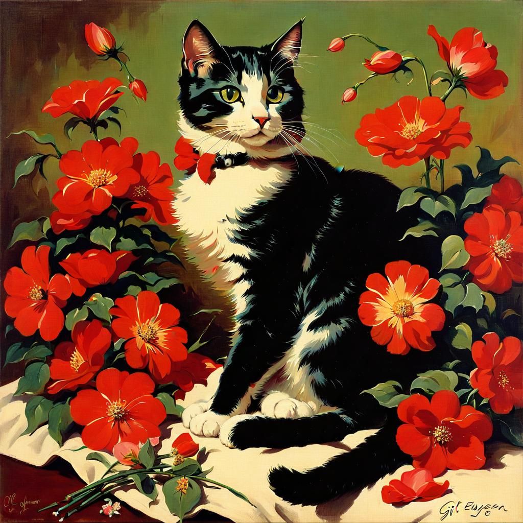 Charming Cat Surrounded by Flowers in Pin-Up Style
