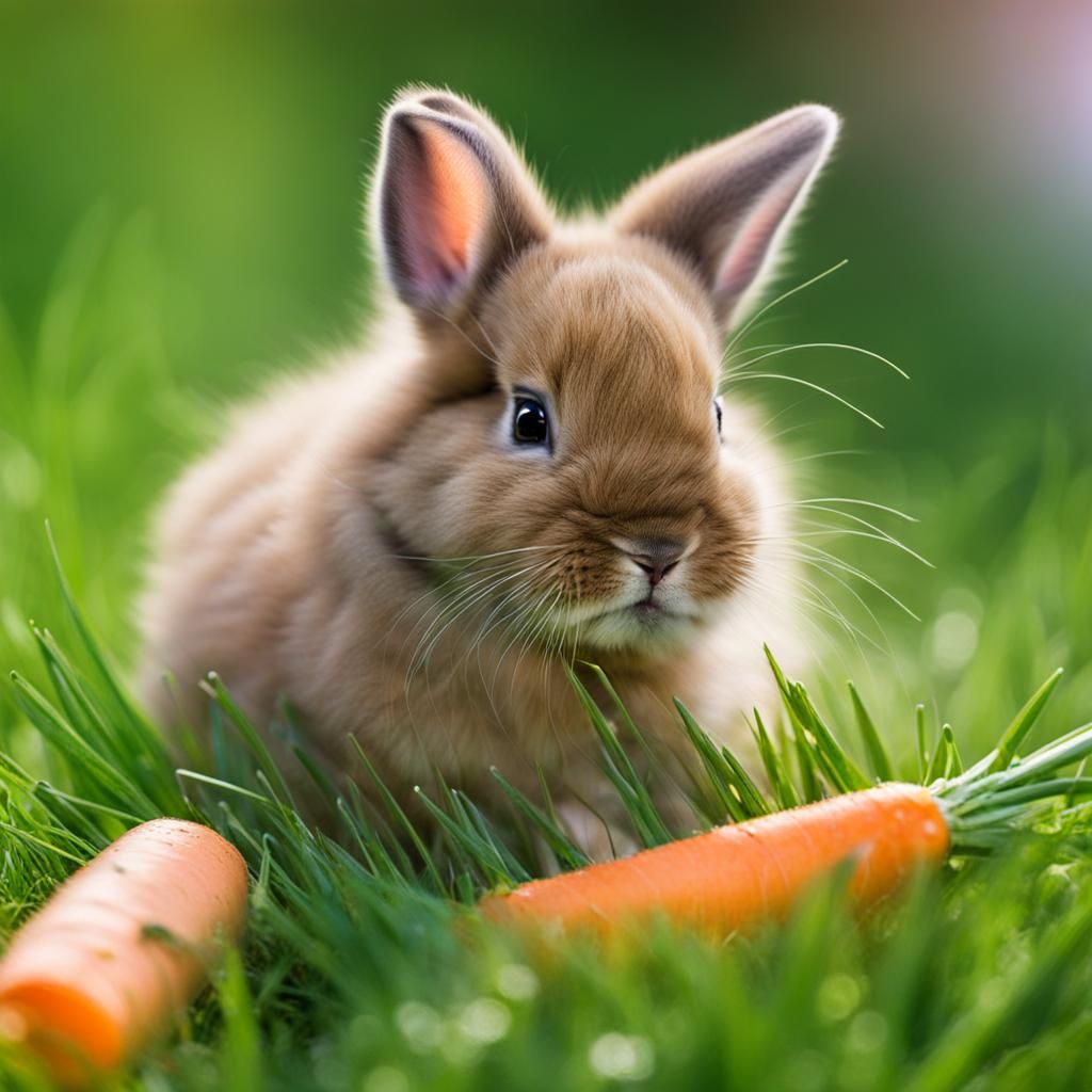 Fluffy Baby Bunny Eating Carrot in Grass