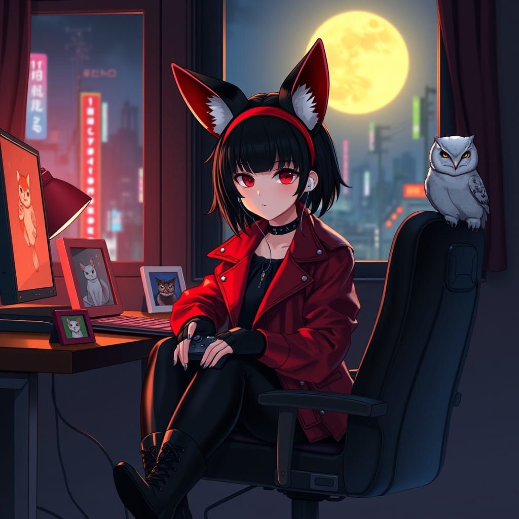 Cyberpunk Anime Goth Queen in Dimly Lit Ambiance