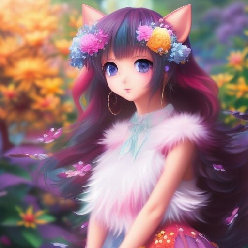 Pastel Anime Neko Girl in a Dreamy Flower Garden